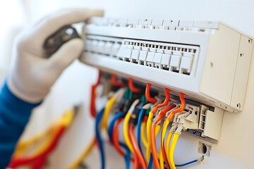 Electrician working on circuit breaker box