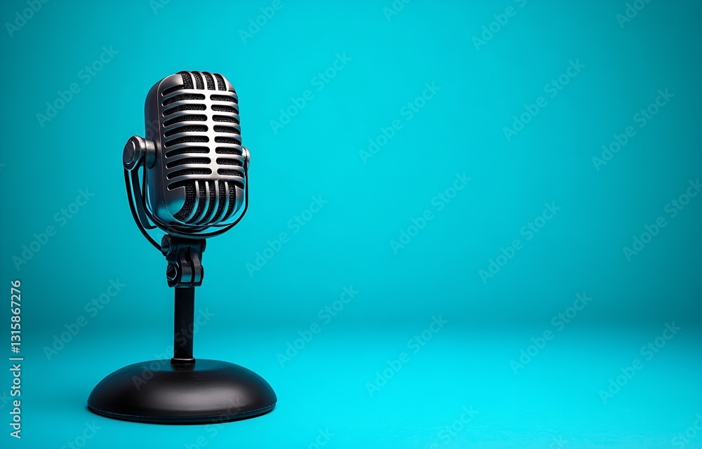 Poster vintage style microphone on a stand with a vibrant teal backdrop for classic music themes : generati