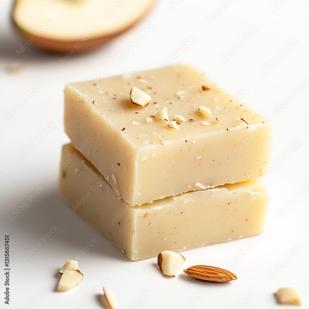 Poster elegant stack of almond soap bars featuring crunchy almond bits for a tasty look : generative ai