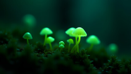 Bioluminescent Mycena chlorophos mushrooms glowing in a dark forest, showcasing their soft green light.