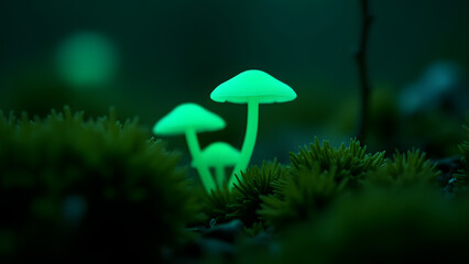 Fototapeta premium Bioluminescent Mycena chlorophos mushrooms glowing in a dark forest, showcasing their soft green light.