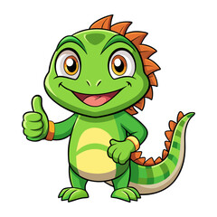 Fototapeta premium Cute Iguana character giving a thumbs up with smile, showing approval on white background