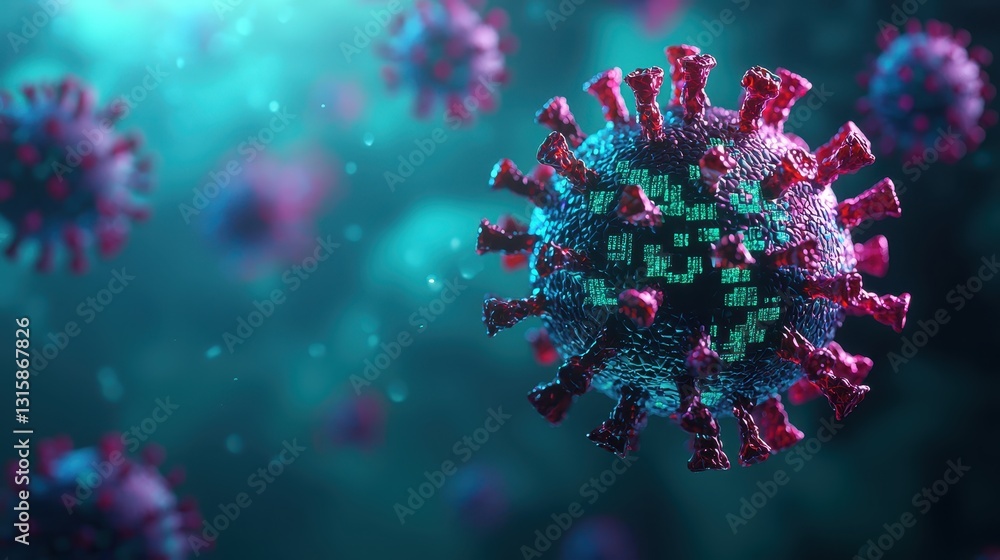 Poster colorful 3d rendering of virus particles under microscope view