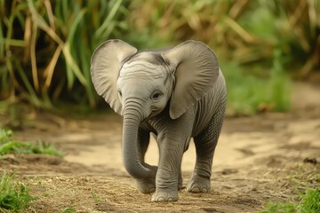 Cute baby elephant walking with its trunk slightly raised, cut out.