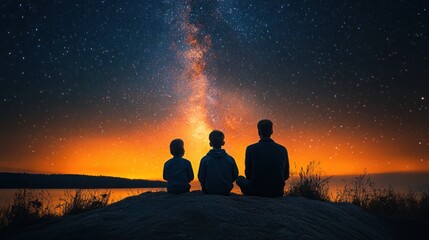 Family watching Milky Way sunset over lake