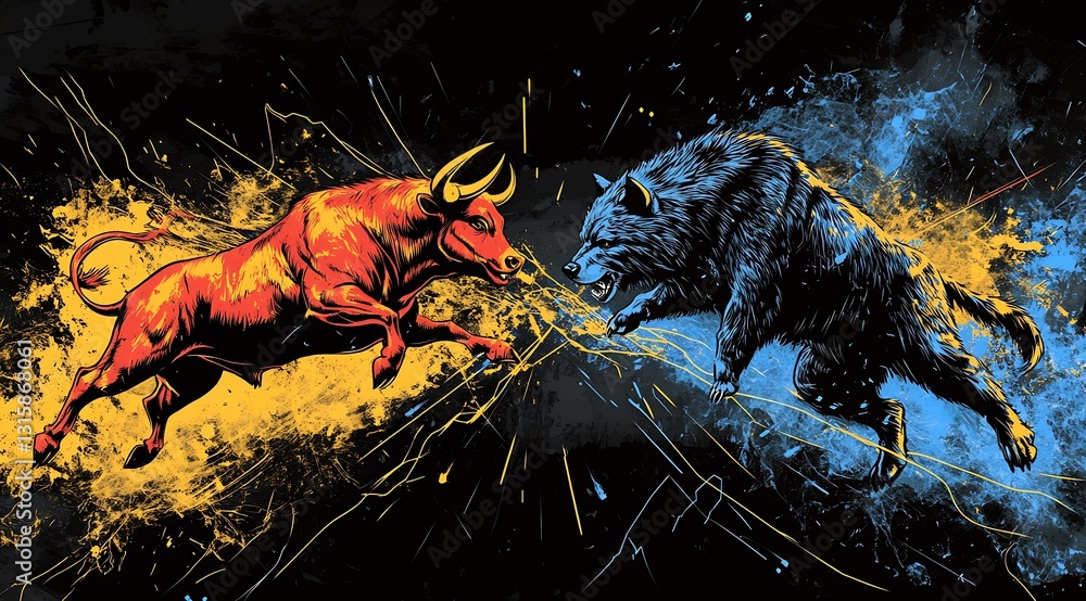 Aufkleber intense battle scene featuring a red bull and blue bear in striking abstract design : generative ai