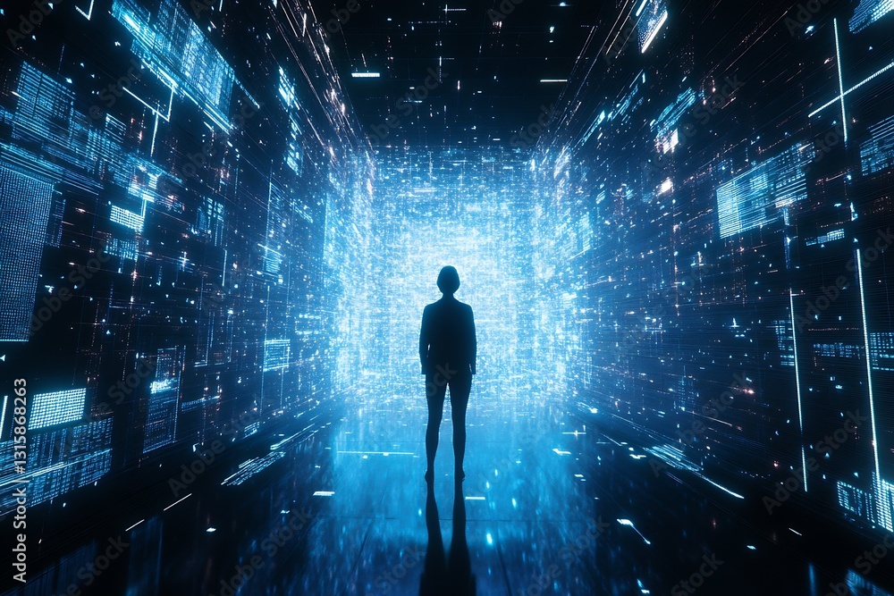 Poster Individual standing in a vibrant digital landscape filled with dynamic lights and data patterns : Generative AI