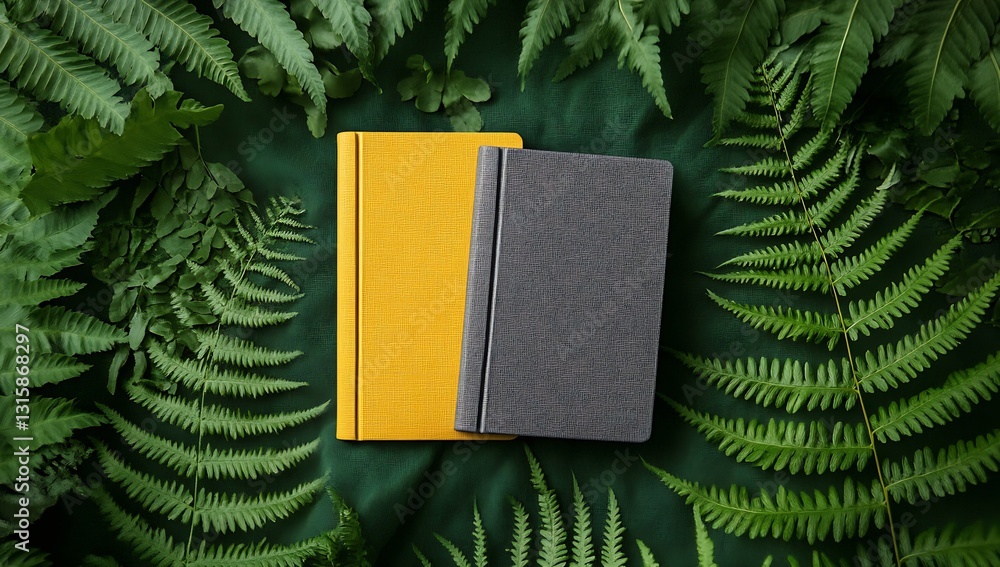 Aufkleber two elegant notebooks positioned amidst lush ferns against a deep green backdrop showcasing vivid co