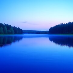 Fototapeta premium Serene dawn lake reflection, misty forest