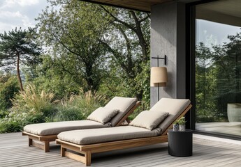 A modern wooden terrace with two sun loungers, a large window overlooking the garden and trees outside, beige cushions on one of them