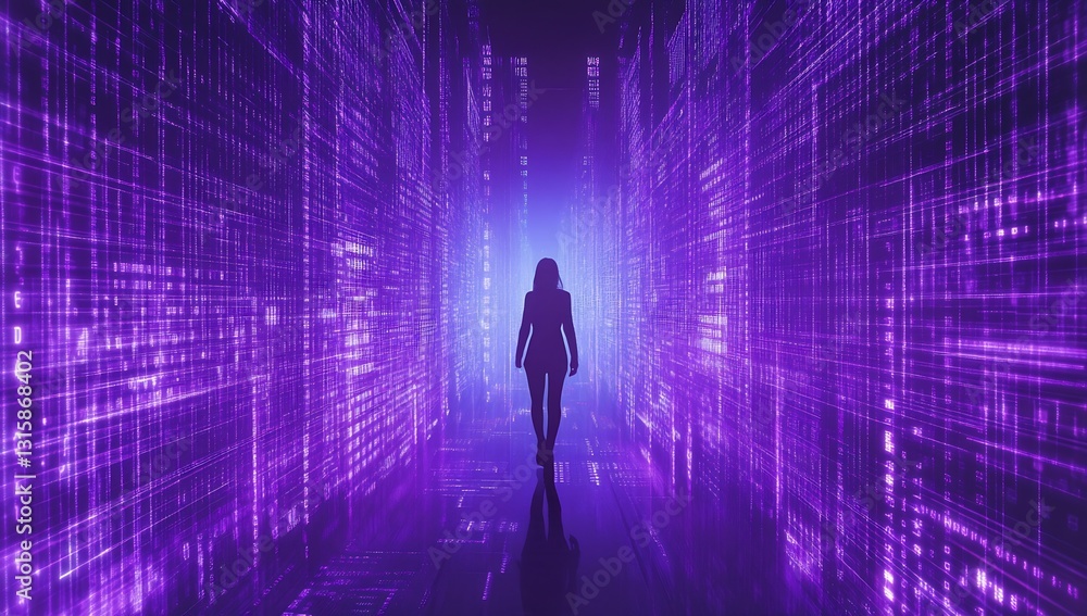Aufkleber Silhouette of a person walking through a glowing path of binary code in an immersive purple-lit environment : Generative AI