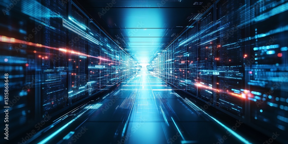 Poster futuristic technology corridor glowing with dynamic blue and orange laser lights in a digital landsc