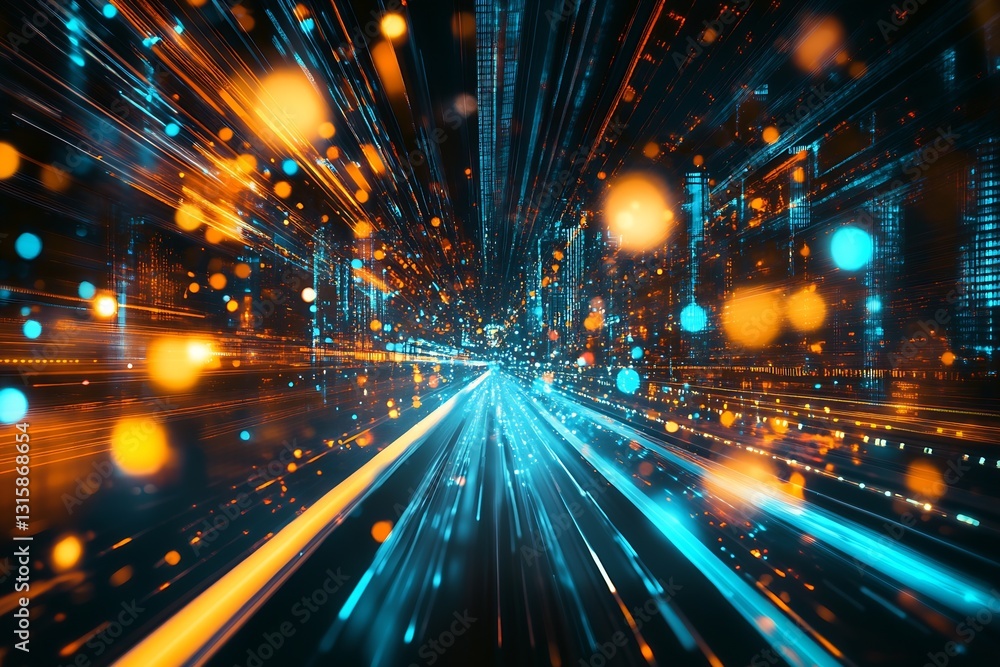 Poster Futuristic cityscape with glowing lines representing fast speed and technology in motion : Generative AI