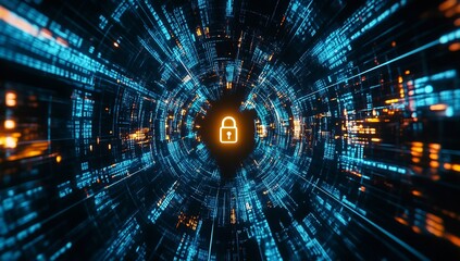 Vibrant digital lock icon against a futuristic data tunnel depicting cybersecurity and data protection : Generative AI