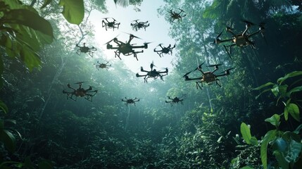 Drone Swarm in Lush Rainforest Canopy