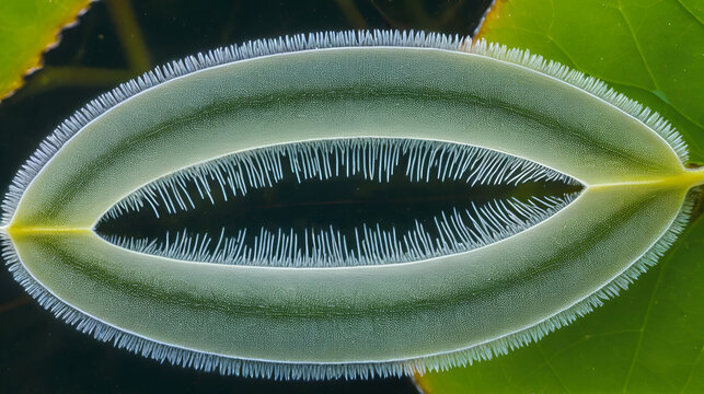 Close-up of a paramecium with cilia moving in water, against a pond backdrop with plant matter.