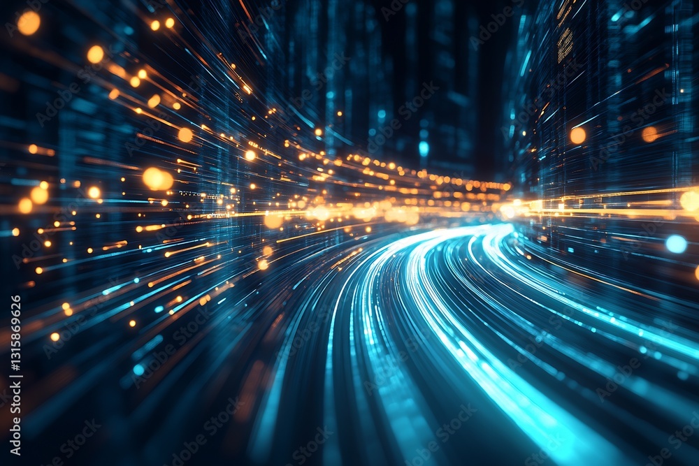 Poster stunning light trails weaving through a digital landscape showcasing vibrant colors and acceleration