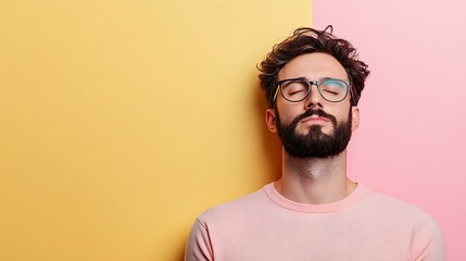 Obraz premium Calm indoor portrait of a relaxed man with glasses against a vibrant background
