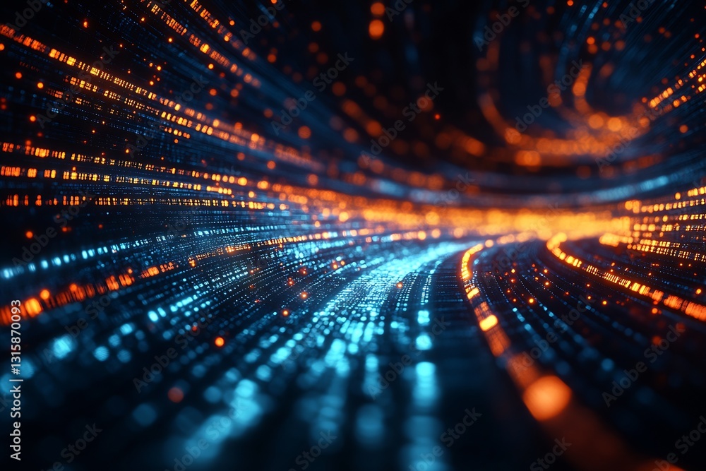 Leinwandbilder vibrant waves of blue and orange lights forming a futuristic digital pathway within a technology-dri
