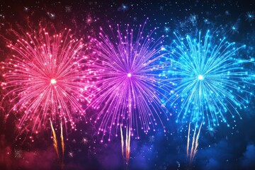 Fototapeta premium Vibrant fireworks display in pink, purple, and blue. Perfect for celebrating holidays, events, or adding festive flair to designs.