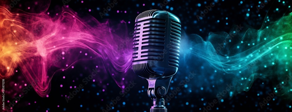 Poster classic microphone with a vibrant color wave background showcasing the art of music and creativity :