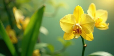 Fototapeta premium Vibrant Yellow Orchids in a Lush Garden Setting, Illuminated by Soft Sunlight, Exhibiting Delicate Petals and a Striking Contrast Against the Green Foliage