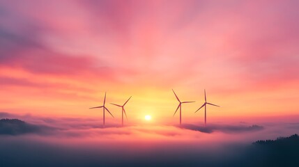 Vibrant sunrise over wind turbines a scenic eco-friendly renewable energy landscape