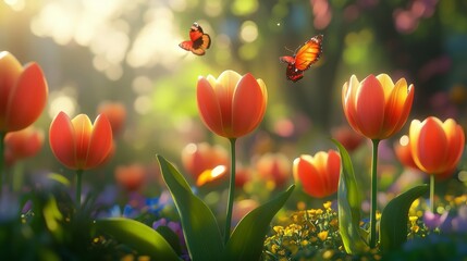 Fototapeta premium A vibrant spring tulip garden with multiple colors, sunshine, and a few butterflies fluttering around