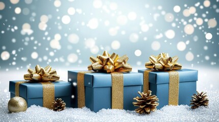 Three blue gifts with gold bows sit on snow. Perfect for Christmas, holiday, and gift-giving themes.