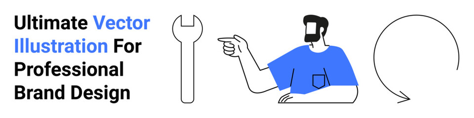 Man pointing towards a wrench with minimal lines, curved arrow. Ideal for business, creativity, branding, marketing, innovation, tools, flat landing page banner