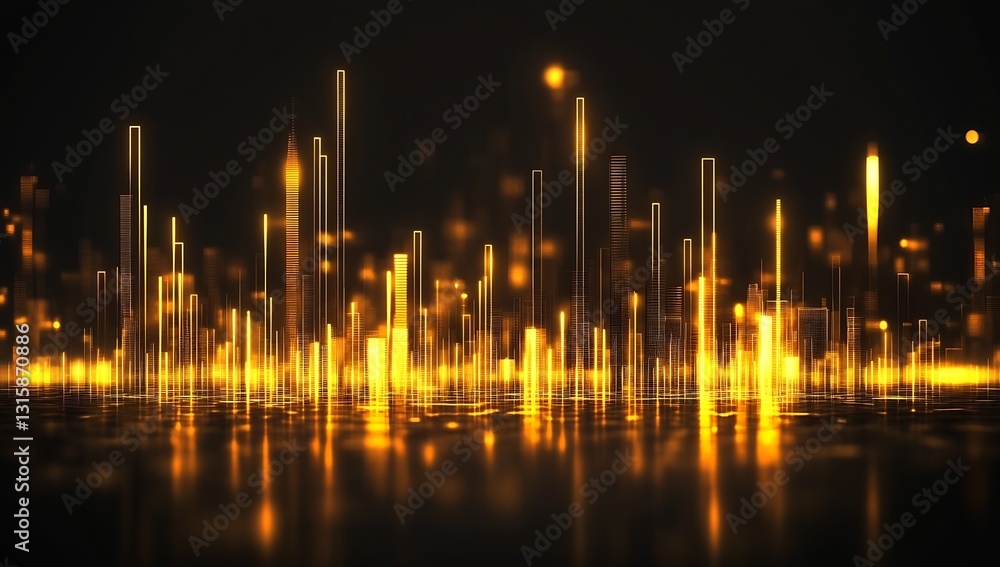 Leinwandbilder illuminated golden vertical bars creating a mesmerizing abstract digital cityscape during nighttime 