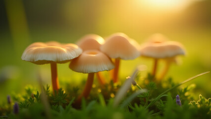Fototapeta premium Delicate Marasmius oreades mushrooms glowing under soft sunlight in a grassy meadow, showcasing their tan caps.