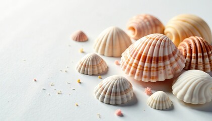 Close-up of assorted seashells on sleek white background, colorful, tropical