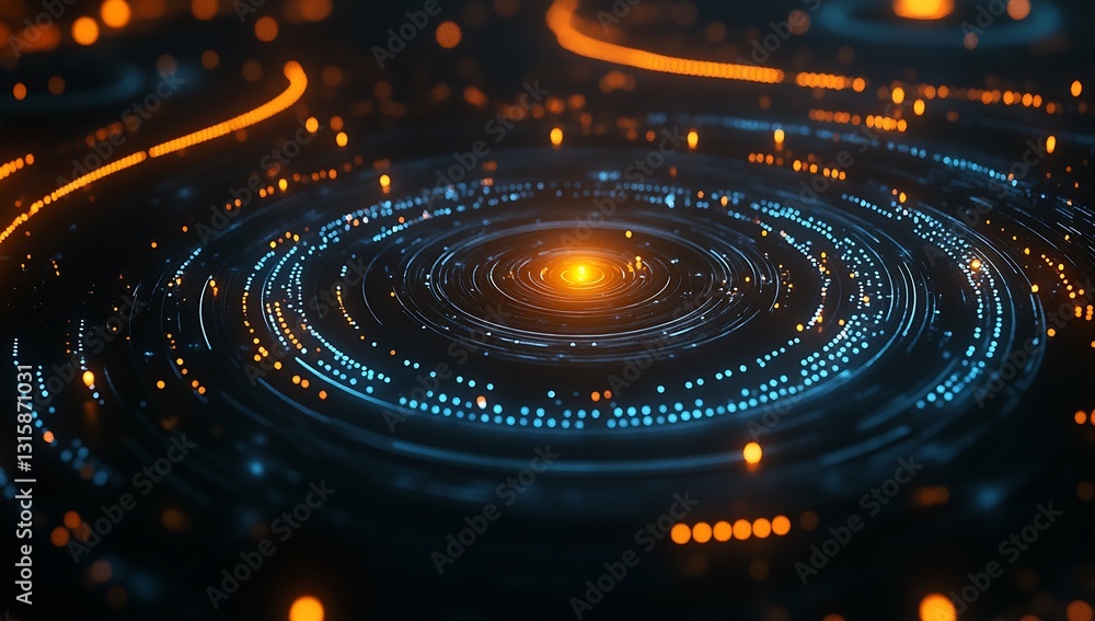 Poster A swirling pattern of lights in blue and orange creating an illusion of depth and motion in technology : Generative AI