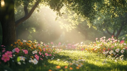 Fototapeta premium Beautiful spring flowers blooming in a garden, with soft sunlight filtering through the trees 