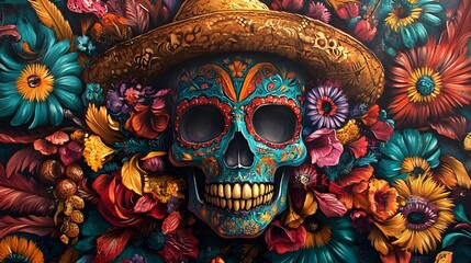 Vibrant Sugar Skull Amidst a Floral Tapestry