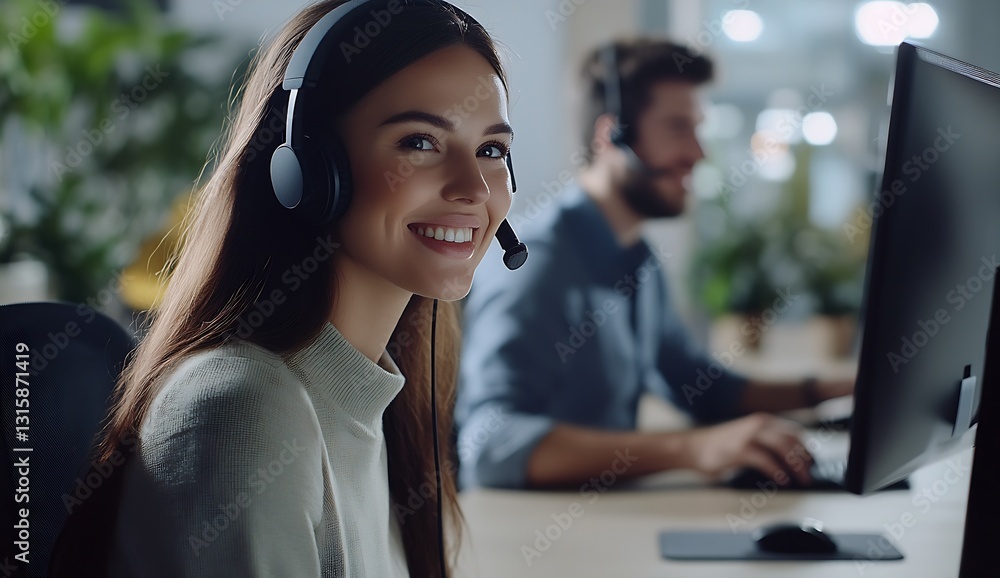 Poster smiling customer service representative wearing headset in modern office environment : generative ai