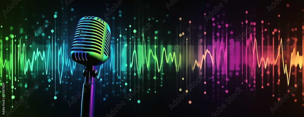 Aufkleber Dynamic vibrant colorful microphone with abstract sound wave patterns for music event designs : Generative AI
