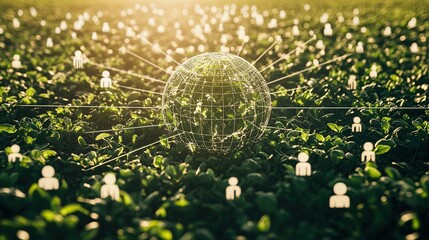 Global Farming Network: Digital connections over crop field.