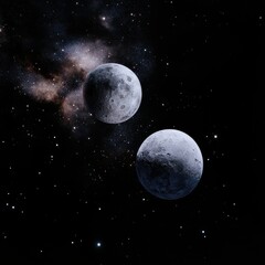 Obraz premium Deep space celestial harmony, hyper-realistic moons floating amidst cosmic dust, softly glowing constellation arcs.