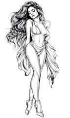Fototapeta premium Woman with long hair is wearing a white dress and a white scarf. She is standing in a room with a white background