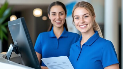 Obraz premium Smiling Receptionists in Blue Polos at Modern Office Environment