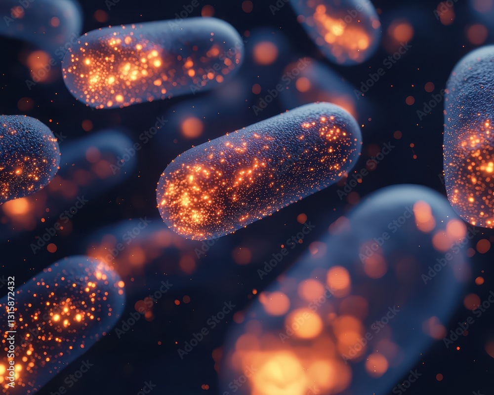 Poster abstract representation of bacteria with glowing particles in space