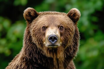 Obraz premium Grizzly bear portrait, close-up, lush green background. Perfect for wildlife, nature, or conservation projects.