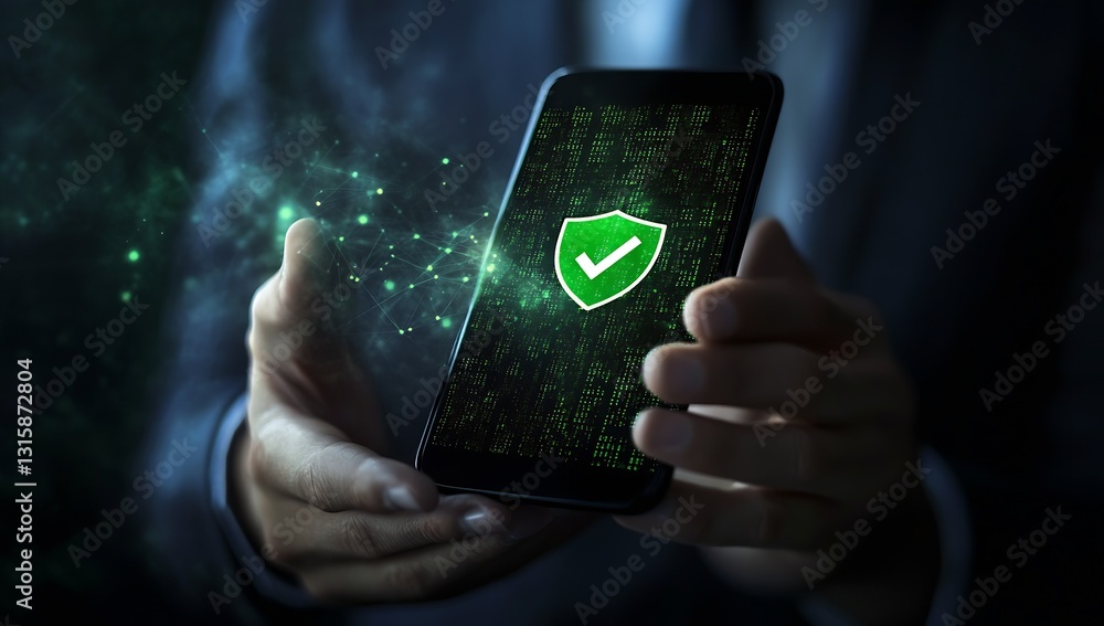 Aufkleber Modern smartphone displaying a secure green shield symbol over a digital data background : Generative AI
