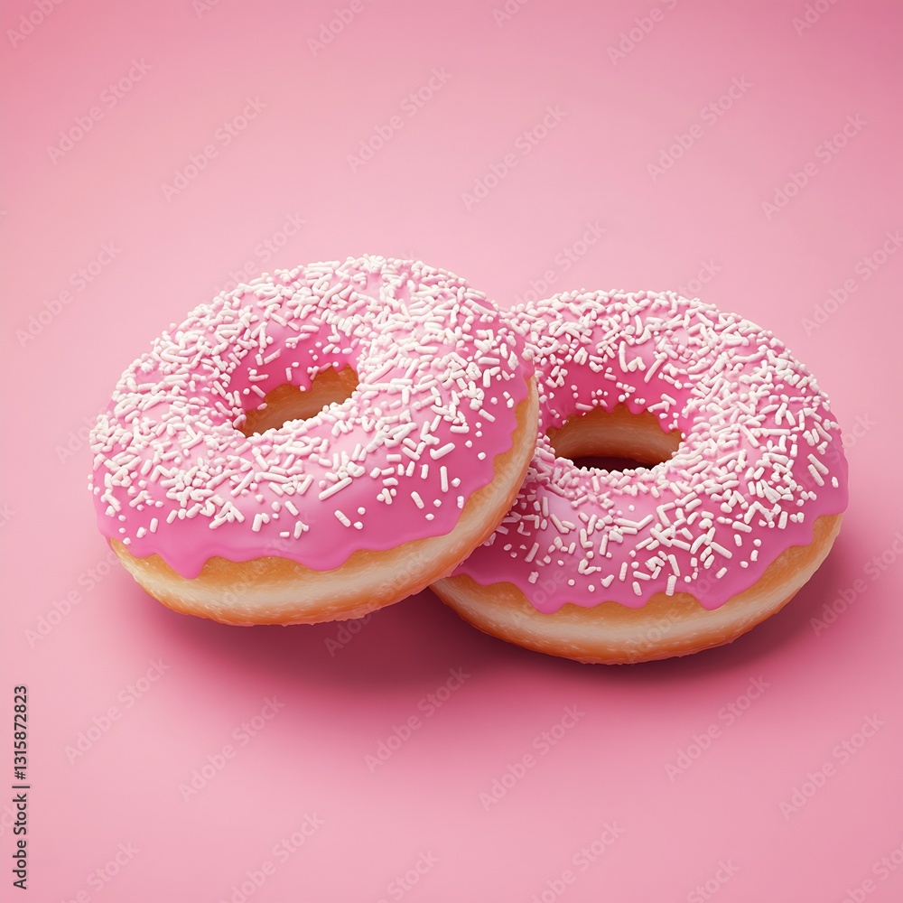 Poster realistic rendering of pink frosted donuts with sprinkles on a soft pink surface : generative ai