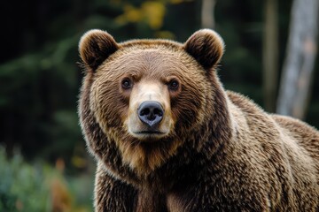 Obraz premium Close-up of a majestic brown bear in a forest. Perfect for wildlife, nature, or wilderness themed projects.