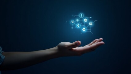 A steady hand, with medium-toned skin and defined fingers, grasps a variety of digital icons that float above the palm, suspended in mid-air, on a rich, dark blue background that evokes a sense of pro
