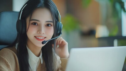 Smiling woman with headset working from home showcasing engagement and focus on a laptop : Generative AI