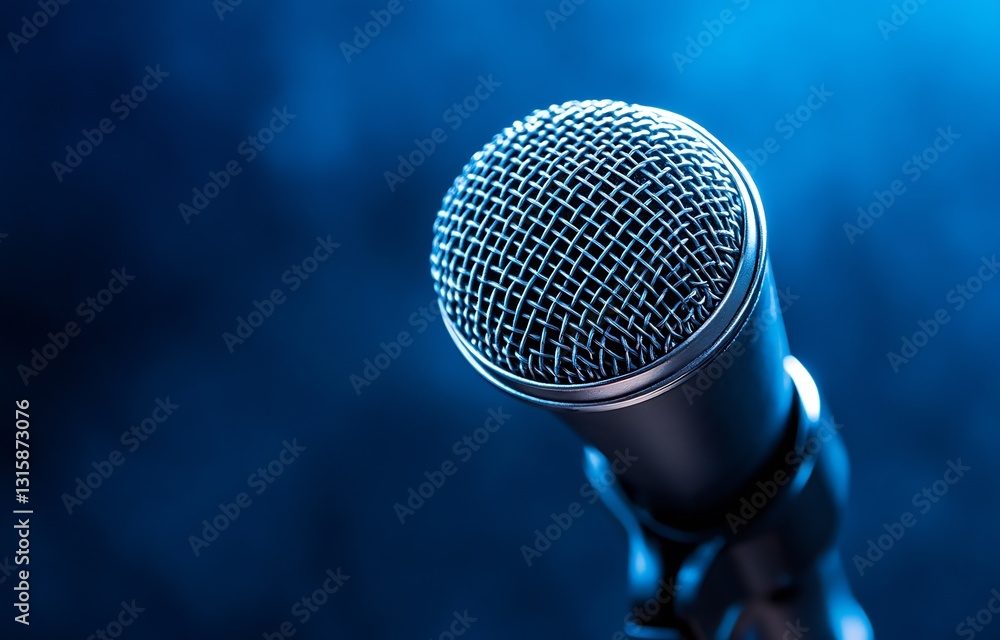 Poster dynamic close up of a modern microphone showcasing intricate details and a vibrant blue ambiance : g